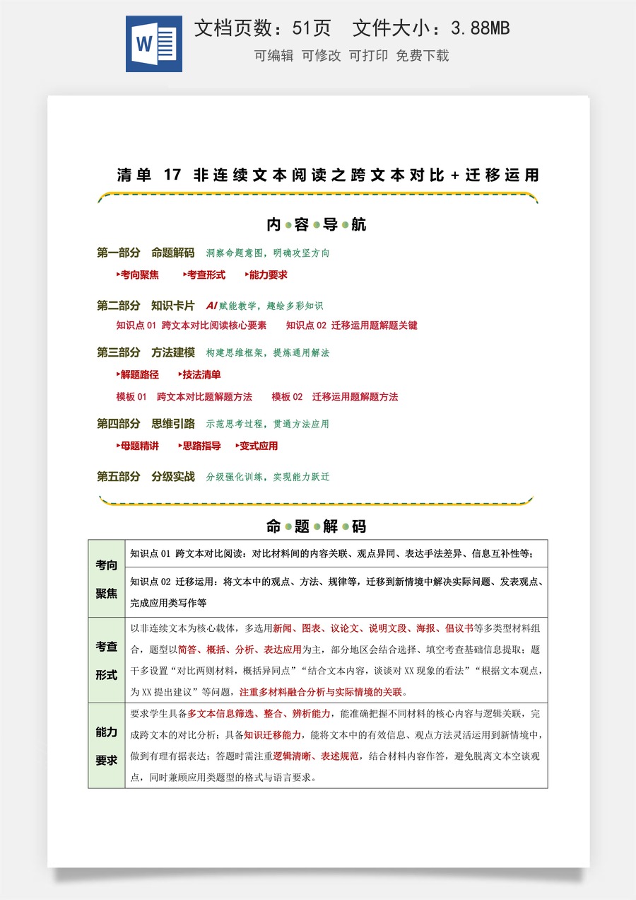 初中-语文-中考语文-二轮复习知识点-清单17 非连续文本阅读之跨文本对比+迁移运用（知识·方法·能力清单）（学生版）.docx